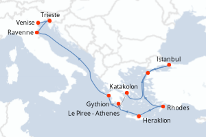 Carte itinéraire croisière Grèce, Turquie, Italie - 12 jours au départ de Le Piree - Athenes - Méditerranée