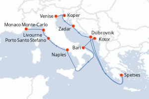 Carte itinéraire croisière Italie, Slovénie, Croatie, Grèce, Monténégro, Monaco - 12 jours au départ de Venise - Méditerranée