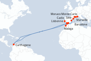 Carte itinéraire croisière Monaco, France, Espagne, Colombie, Maroc, Portugal - 12 jours au départ de Monaco Monte-Carlo - Atlantique