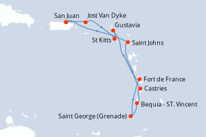 Carte itinéraire croisière Porto Rico, Royaume-Uni, Antigua-et-Barbuda, France, Grenade, Saint Vincent-et-les-Grenadines, Sainte-Lucie - 10 jours au départ de San Juan - Caraïbes Bahamas