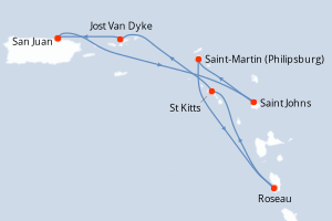 Carte itinéraire croisière Porto Rico, Antigua-et-Barbuda, Pays-Bas, Dominique, Royaume-Uni - 7 jours au départ de San Juan - Caraïbes Bahamas