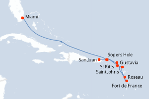 Carte itinéraire croisière Porto Rico, Royaume-Uni, Dominique, France, Antigua-et-Barbuda, États-Unis - 10 jours au départ de San Juan - Caraïbes Bahamas