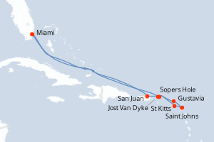 Carte itinéraire croisière États-Unis, Porto Rico, Royaume-Uni, Antigua-et-Barbuda - 11 jours au départ de Miami - Caraïbes Bahamas