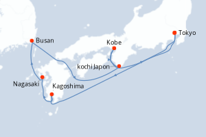 Carte itinéraire croisière Japon, Corée du Sud - 10 jours au départ de Tokyo - Asie
