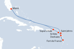 Carte itinéraire croisière États-Unis, Royaume-Uni, Antigua-et-Barbuda, France - 11 jours au départ de Miami - Caraïbes Bahamas