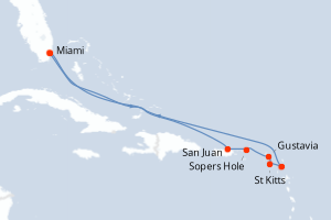 Carte itinéraire croisière États-Unis, Porto Rico, Royaume-Uni, Antigua-et-Barbuda - 11 jours au départ de Miami - Caraïbes Bahamas