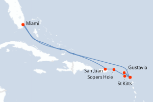 Carte itinéraire croisière États-Unis, Porto Rico, Royaume-Uni, Antigua-et-Barbuda - 11 jours au départ de Miami - Caraïbes Bahamas