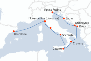 Carte itinéraire croisière Espagne, Italie, Monténégro, Croatie - 10 jours au départ de Barcelone - Méditerranée