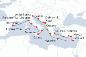 Carte itinéraire croisière Espagne, Italie, Monténégro, Croatie, Grèce, Chypre, Turquie - 21 jours au départ de Barcelone - Méditerranée