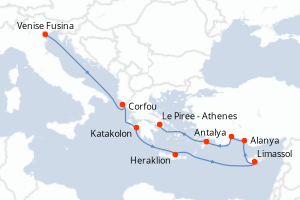 Carte itinéraire croisière Italie, Grèce, Chypre, Turquie - 11 jours au départ de Venise Fusina - Méditerranée