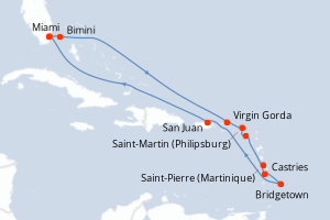 Carte itinéraire croisière États-Unis, Bahamas, Royaume-Uni, Pays-Bas, France, Sainte-Lucie, Barbade, Porto Rico - 14 jours au départ de Miami - Caraïbes Bahamas