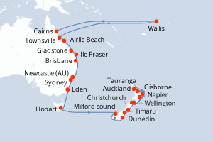 Carte itinéraire croisière Australie, France, Nouvelle-Zélande - 26 jours au départ de Cairns - Australie Nouvelle Zélande