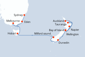 Carte itinéraire croisière Nouvelle-Zélande, Australie - 16 jours au départ de Auckland - Australie Nouvelle Zélande