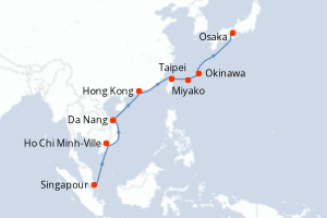 Carte itinéraire croisière Singapour, Vietnam, Chine, Taïwan, Japon - 14 jours au départ de Singapour - Asie
