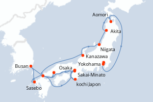 Carte itinéraire croisière Japon, Corée du Sud - 14 jours au départ de Osaka - Asie