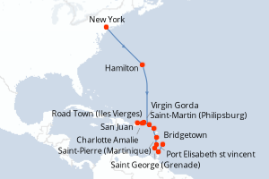 Carte itinéraire croisière États-Unis, Royaume-Uni, Pays-Bas, Porto Rico, Antigua-et-Barbuda, France, Saint Vincent-et-les-Grenadines, Grenade, Trinité-et-Tobago, Barbade - 17 jours au départ de New York - Caraïbes Bahamas
