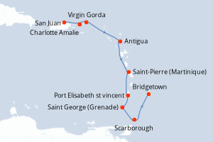 Carte itinéraire croisière Porto Rico, Royaume-Uni, Antigua-et-Barbuda, France, Saint Vincent-et-les-Grenadines, Grenade, Trinité-et-Tobago, Barbade - 8 jours au départ de San Juan - Caraïbes Bahamas