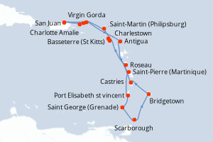 Carte itinéraire croisière Porto Rico, Royaume-Uni, Antigua-et-Barbuda, France, Saint Vincent-et-les-Grenadines, Grenade, Trinité-et-Tobago, Barbade, Sainte-Lucie, Dominique, Pays-Bas - 15 jours au départ de San Juan - Caraïbes Bahamas