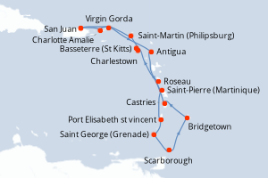 Carte itinéraire croisière Porto Rico, Royaume-Uni, Antigua-et-Barbuda, France, Saint Vincent-et-les-Grenadines, Grenade, Trinité-et-Tobago, Barbade, Sainte-Lucie, Dominique, Pays-Bas - 14 jours au départ de San Juan - Caraïbes Bahamas