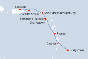 Carte itinéraire croisière Barbade, Sainte-Lucie, Dominique, Royaume-Uni, Pays-Bas, Porto Rico - 7 jours au départ de Bridgetown - Caraïbes Bahamas