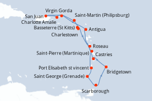 Carte itinéraire croisière Barbade, Sainte-Lucie, Dominique, Royaume-Uni, Pays-Bas, Porto Rico, Antigua-et-Barbuda, France, Saint Vincent-et-les-Grenadines, Grenade, Trinité-et-Tobago - 14 jours au départ de Bridgetown - Caraïbes Bahamas