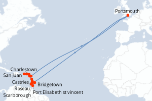 Carte itinéraire croisière Barbade, Sainte-Lucie, Dominique, Royaume-Uni, Pays-Bas, Porto Rico, Antigua-et-Barbuda, Saint Vincent-et-les-Grenadines, Grenade, Trinité-et-Tobago - 15 jours au départ de Bridgetown - Caraïbes Bahamas