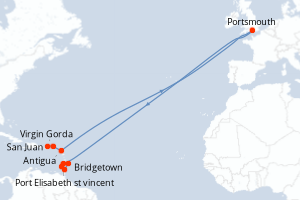 Carte itinéraire croisière Porto Rico, Royaume-Uni, Antigua-et-Barbuda, Saint Vincent-et-les-Grenadines, Grenade, Trinité-et-Tobago, Barbade - 8 jours au départ de San Juan - Caraïbes Bahamas