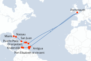 Carte itinéraire croisière Porto Rico, Royaume-Uni, Antigua-et-Barbuda, Saint Vincent-et-les-Grenadines, Grenade, Trinité-et-Tobago, Barbade, Pays-Bas, Aruba, République Dominicaine, Bahamas, États-Unis - 17 jours au départ de San Juan - Caraïbes Bahamas