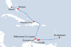Carte itinéraire croisière Barbade, Pays-Bas, Aruba, République Dominicaine, Bahamas, États-Unis - 9 jours au départ de Bridgetown - Caraïbes Bahamas