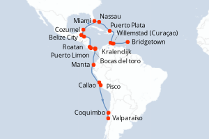 Carte itinéraire croisière Barbade, Pays-Bas, Aruba, République Dominicaine, Bahamas, États-Unis, Mexique, Belize, Honduras, Costa Rica, Panama, Équateur, Pérou, Chili - 28 jours au départ de Bridgetown - Amérique du Sud