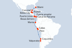 Carte itinéraire croisière États-Unis, Mexique, Belize, Honduras, Costa Rica, Panama, Équateur, Pérou, Chili - 19 jours au départ de Miami - Amérique du Sud