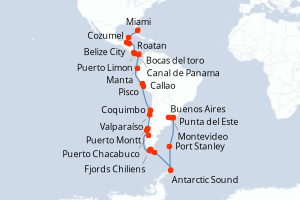 Carte itinéraire croisière États-Unis, Mexique, Belize, Honduras, Costa Rica, Panama, Équateur, Pérou, Chili, Argentine, Antarctique, Îles Malouines, Uruguay - 42 jours au départ de Miami - Amérique du Sud