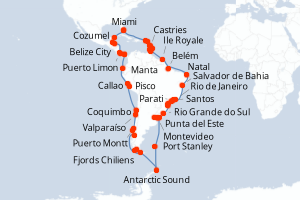 Carte itinéraire croisière États-Unis, Mexique, Belize, Honduras, Costa Rica, Panama, Équateur, Pérou, Chili, Argentine, Antarctique, Îles Malouines, Uruguay, Brésil, France, Trinité-et-Tobago, Barbade, Grenade, Sainte-Lucie, Dominique, Pays-Bas, R - 77 jours au départ de Miami - Tour du Monde