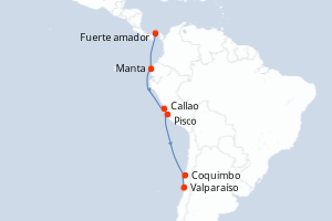 Carte itinéraire croisière Panama, Équateur, Pérou, Chili - 10 jours au départ de Fuerte amador - Amérique du Sud