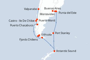 Carte itinéraire croisière Chili, Argentine, Antarctique, Îles Malouines, Uruguay - 23 jours au départ de Valparaíso - Amérique du Sud