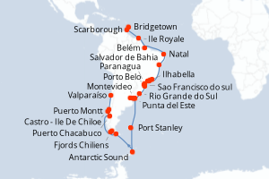 Carte itinéraire croisière Chili, Argentine, Antarctique, Îles Malouines, Uruguay, Brésil, France, Trinité-et-Tobago, Barbade - 49 jours au départ de Valparaíso - Caraïbes Bahamas