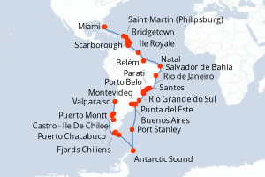Carte itinéraire croisière Chili, Argentine, Antarctique, Îles Malouines, Uruguay, Brésil, France, Trinité-et-Tobago, Barbade, Grenade, Sainte-Lucie, Dominique, Pays-Bas, Royaume-Uni, États-Unis - 58 jours au départ de Valparaíso - Caraïbes Bahamas