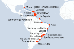 Carte itinéraire croisière Argentine, Uruguay, Brésil, France, Trinité-et-Tobago, Barbade, Grenade, Sainte-Lucie, Dominique, Pays-Bas, Royaume-Uni, États-Unis - 35 jours au départ de Buenos Aires - Caraïbes Bahamas