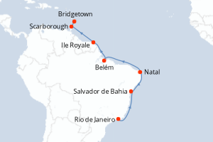 Carte itinéraire croisière Brésil, France, Trinité-et-Tobago, Barbade - 14 jours au départ de Rio de Janeiro - Caraïbes Bahamas