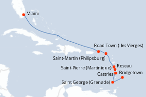 Carte itinéraire croisière Barbade, Grenade, Sainte-Lucie, France, Dominique, Pays-Bas, Royaume-Uni, États-Unis - 9 jours au départ de Bridgetown - Caraïbes Bahamas