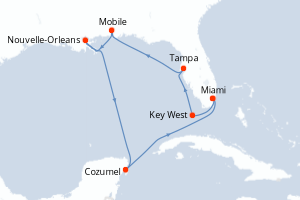 Carte itinéraire croisière États-Unis, Mexique - 11 jours au départ de Miami - Caraïbes Bahamas