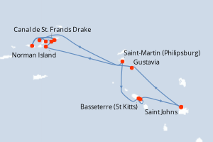 Carte itinéraire croisière Antigua à Antigua - 7 jours au départ de Saint Johns - Caraïbes Bahamas