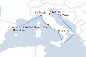 Carte itinéraire croisière Espagne, Italie, Croatie - 7 jours au départ de Barcelone - Méditerranée