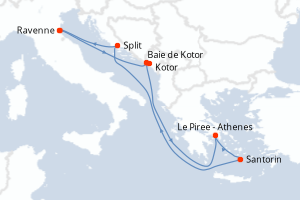 Carte itinéraire croisière Italie, Monténégro, Grèce, Croatie - 7 jours au départ de Ravenne - Méditerranée