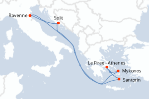 Carte itinéraire croisière Italie, Grèce, Croatie - 7 jours au départ de Ravenne - Méditerranée
