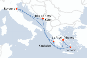 Carte itinéraire croisière Italie, Croatie, Monténégro, Grèce - 7 jours au départ de Ravenne - Méditerranée