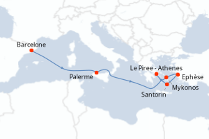 Carte itinéraire croisière Espagne, Italie, Turquie, Grèce - 7 jours au départ de Barcelone - Méditerranée