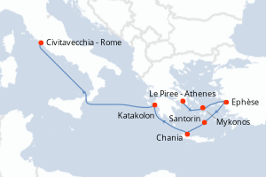 Carte itinéraire croisière Turquie, Grèce, Italie - 7 jours au départ de Le Piree - Athenes - Méditerranée