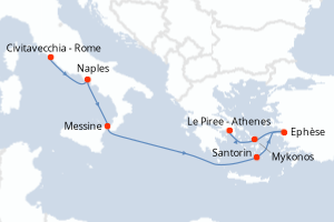 Carte itinéraire croisière Italie, Grèce, Turquie - 7 jours au départ de Civitavecchia - Rome - Méditerranée