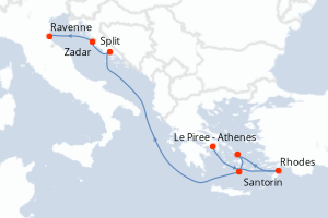 Carte itinéraire croisière Grèce, Croatie, Italie - 7 jours au départ de Le Piree - Athenes - Méditerranée